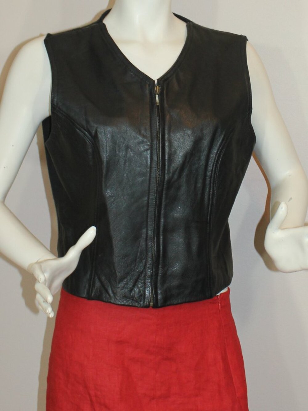 Field Gear black  leather Vest zipped fabric back lined size Medium